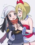  2girls aibon akari_(pokemon) bangs black_hair black_sash black_shirt blonde_hair blue_eyes blush bracelet breasts cleavage commentary_request eye_contact eyelashes flying_sweatdrops grey_eyes grey_jacket grey_skirt hairband hands_up head_scarf highres irida_(pokemon) jacket jewelry long_hair looking_at_another multiple_girls nervous_smile open_mouth pantyhose pokemon pokemon_(game) pokemon_legends:_arceus ponytail red_shirt sash scarf shiny shiny_skin shirt shorts sidelocks skirt smile strapless strapless_shirt sweatdrop white_background white_headwear white_shorts 