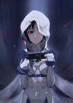  1girl absurdres bangs black_hair blue_eyes bodysuit breasts breasts_apart covered_navel gun handgun highres holding holding_gun holding_weapon hood hood_up looking_at_viewer mardock_scramble parted_lips rune_balot short_hair small_breasts solo standing tooku0 weapon white_bodysuit 