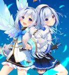  2girls :d absurdres amane_kanata angel angel_wings blue_hair blush bob_cut colored_inner_hair dual_persona feathered_wings feathers hair_intakes hair_ornament hair_over_one_eye hairclip highres hololive locked_arms long_hair looking_at_viewer multicolored_hair multiple_girls purple_eyes short_hair silver_hair smile sumi_tsuki two_side_up virtual_youtuber wings 