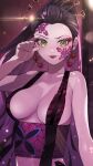  1girl arm_at_side beads black_hair blurry breasts cleavage daki_(kimetsu_no_yaiba) depth_of_field eyelashes eyeliner facial_mark glint green_eyes hair_ornament hair_pulled_back hair_stick hand_up highres japanese_clothes kimetsu_no_yaiba large_breasts light_particles lipstick long_hair looking_at_viewer makeup mihashi_(re4_glo) multicolored_hair nail_polish obi pink_hair ponytail revealing_clothes sash smile solo symbol_in_eye two-tone_hair upper_body 