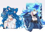  1boy 1girl bangs blue_eyes blue_hair blue_hoodie blue_lips bow closed_mouth commentary_request crossover debt fingers_together flat_chest grey_hoodie hair_bow headphones highres hood hoodie idia_shroud kagari_hiko long_hair long_sleeves look-alike looking_at_viewer open_mouth pale_skin short_sleeves touhou twisted_wonderland upper_body wavy_hair yellow_eyes yorigami_shion 