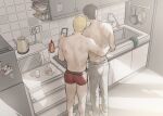  2boys arm_around_waist ass bertolt_hoover black_hair blonde_hair boxers contemporary couple cute_potato_(cute_potato_ner) from_above head_on_another&#039;s_shoulder height_difference highres holding holding_phone kitchen leaning_on_person male_focus male_underwear multiple_boys phone red_male_underwear reiner_braun shingeki_no_kyojin short_hair topless_male underwear underwear_only yaoi 