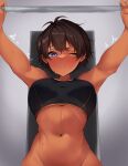  1girl absurdres antyobi0720 arms_up black_sports_bra blue_eyes blush breasts brown_hair closed_mouth commission dark-skinned_female dark_skin eyebrows_visible_through_hair girls_und_panzer highres large_breasts looking_at_viewer navel one_eye_closed pixiv_request short_hair solo sports_bra suzuki_(girls_und_panzer) sweat 