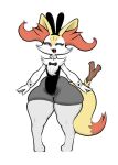  anthro bow_tie box_(artist) braixen bunny_costume canid canine chest_tuft clothing costume eyes_closed fake_ears fake_rabbit_ears fangs female feral fur inner_ear_fluff legwear mammal moni_(artist) nintendo orange_body orange_fur pok&eacute;mon pok&eacute;mon_(species) simple_background smile solo stick stockings thick_thighs tuft video_games wide_hips 