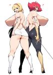  2girls absurdres armband ass back backless_outfit blonde_hair boots breasts cutie_honey cutie_honey_(character) gleam gloves hairband heart high_heels highres holding holding_sword holding_weapon huge_breasts kisaragi_honey lips long_hair looking_at_viewer multiple_girls nipples open_mouth rapier red_hair short_hair sideboob simple_background smile sword teeth thick_thighs thighs thirty_8ght topless upper_teeth weapon white_background 