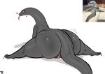  &lt;3 anthro big_butt butt female flexible forked_tongue genitals grey_body huge_butt kingofacesx komodo_dragon lizard looking_back monitor_lizard nude pussy reptile scalie smile solo splits spread_legs spreading thick_thighs tongue tongue_out yellow_sclera 