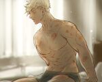  1boy abs bangs bara bed black_male_underwear blonde_hair blush boxer_briefs closed_mouth granblue_fantasy green_eyes large_pectorals male_focus male_underwear muscular muscular_male navel nipples pectorals scar scar_on_arm scar_on_chest scar_on_leg short_hair sitting solo sumo_fck undercut underwear vane_(granblue_fantasy) 