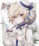  1boy animal_on_shoulder blue_eyes bow brown_hair cat cat_on_shoulder cup earrings flower gem hat hat_bow highres holding holding_cup jewelry kodona lace lily_(flower) long_sleeves looking_at_viewer male_focus namiki_itsuki open_mouth original sapphire_(gemstone) solo teacup upper_body white_flower 