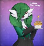  birthday_cake cake clothing dessert enrique849 eye_through_hair female food gardevoir green_hair hair happy_birthday hi_res humanoid nintendo not_furry one_eye_closed pok&eacute;mon pok&eacute;mon_(species) purple_background red_eyes ruby_(ghostth39) simple_background smile solo translucent translucent_hair video_games 