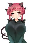  1girl :3 adda animal_ears bangs black_bow blunt_bangs blush bow braid breasts cat_ears cat_tail closed_mouth dress extra_ears eyebrows_visible_through_hair frills green_dress hair_bow hair_ribbon head_tilt huge_breasts kaenbyou_rin long_hair long_sleeves looking_at_viewer multiple_tails nekomata red_eyes red_hair ribbon simple_background smile solo tail touhou tress_ribbon twin_braids twintails two_tails upper_body v-shaped_eyebrows v_arms white_background 
