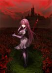  1girl armor back bodysuit breasts castle cloud cloudy_sky daeraeband expressionless fate/grand_order fate_(series) field flower gae_bolg_(fate) grass hair_intakes highres large_breasts long_hair looking_back nyamdol_(bonzon) outdoors pauldrons polearm purple_bodysuit purple_hair red_eyes red_sky scathach_(fate) shoulder_armor sky solo spear spider_lily very_long_hair weapon 