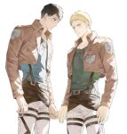  2boys bertolt_hoover black_eyes black_hair blonde_hair blush chest_belt couple cropped_jacket cute_potato_(cute_potato_ner) feet_out_of_frame highres holding_hands interlocked_fingers jacket leather leather_jacket leg_belt male_focus multiple_boys paradis_military_uniform reiner_braun shingeki_no_kyojin short_hair yaoi 