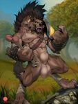  2022 animal_genitalia armor balls beckoning big_balls black_hair brown_body brown_fur claws collar digitigrade fangs finger_claws fully_sheathed fur genitals gesture gnoll green_eyes hair hi_res hogger hyaenid looking_at_viewer mammal mohawk nipple_piercing nipples open_mouth patto pauldron piercing pubes sheath spiked_collar spikes tan_body tan_fur toe_claws 