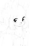  2021 anthro baggy_clothing button_(fastener) canid canine canis cheek_tuft chest_tuft clothing digital_media_(artwork) dress_shirt facial_tuft fangs female fur hair hi_res kemono mammal monochrome nuk_sun open_mouth shirt short_hair shoulder_tuft simple_background smile solo topwear tuft white_background wolf 