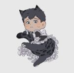  1boy alternate_costume animal_ears animal_feet animal_hands bertolt_hoover black_fur black_hair blush chibi enmaided grey_eyes highres jaguar_boy jaguar_ears jaguar_tail kemonomimi_mode lying maid on_side shingeki_no_kyojin short_hair solo sweatdrop tail zunkome 