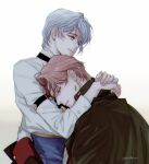  1boy arm_around_neck character_request comforting earrings fingernails frown gender_request gloves grey_eyes grey_hair head_on_another&#039;s_shoulder hug jewelry juneseo long_sleeves lord_of_heroes own_hands_together red_hair sad shirt short_hair smile upper_body white_background white_gloves white_shirt 