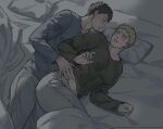  2boys ass bara bertolt_hoover black_eyes black_hair blonde_hair blush bulge bulge_to_ass clothes_lift couple covered_abs covered_nipples cute_potato_(cute_potato_ner) eye_contact feet_out_of_frame from_above large_pectorals looking_at_another lying male_focus multiple_boys on_bed on_side pectorals reiner_braun shingeki_no_kyojin shirt_lift short_hair sweatdrop undressing_another yaoi 