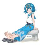  1girl arm_support barefoot blue_eyes blue_hair blue_pants blue_sailor_collar bright_pupils capri_pants closed_mouth commentary_request covered_navel flip-flops freckles full_body hairband highres lana_(pokemon) no_sclera one-piece_swimsuit pants pokemon pokemon_(anime) pokemon_sm_(anime) sailor_collar sandals sandals_removed shirt short_hair sleeveless sleeveless_shirt smile soles solo split_mouth swimsuit swimsuit_under_clothes toes tsukimaru_(ls_99ml) twitter_username wave_print white_background white_pupils white_shirt yellow_hairband 