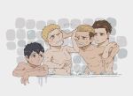  4boys animal_ears animal_feet animal_hands bertolt_hoover blonde_hair blush brown_hair chibi child convenient_censoring hand_on_another&#039;s_face highres kemonomimi_mode male_focus marcel_galliard multiple_boys nude onsen porco_galliard reiner_braun shared_bathing shingeki_no_kyojin short_hair tail tearing_up tiger_boy tiger_ears tiger_tail zunkome 