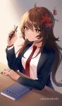  artist_name book bracelet breasts brown_hair desk flower genshin_impact hair_flower hair_ornament highres hu_tao_(genshin_impact) jewelry keemokssh large_breasts looking_at_viewer necktie pen red_flower red_necktie ring school_uniform smile twitter_username uniform yellow_eyes 