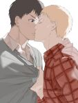  2boys bertolt_hoover black_eyes black_hair blonde_hair couple cute_potato_(cute_potato_ner) from_side highres kiss male_focus multiple_boys official_alternate_costume red_shirt reiner_braun shingeki_no_kyojin shirt shirt_grab short_hair surprise_kiss surprised sweatdrop upper_body yaoi 