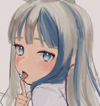  1girl artist_request blue_eyes blue_hair blush close-up grey_background grey_hair index_finger_raised long_hair multicolored_eyes multicolored_hair nyalra_(author) original pill pill_on_tongue pink_pupils simple_background sketch solo two-tone_hair upper_body 