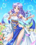  1girl bare_hips bare_legs blue_sky blurry blurry_background blush breasts circlet cleavage dancer day fire_emblem fire_emblem:_the_blazing_blade floating_hair florina_(fire_emblem) green_eyes highres kakiko210 lens_flare long_hair open_mouth outdoors petals purple_hair shiny shiny_hair sky small_breasts solo standing standing_on_one_leg sunlight 