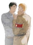  2boys alternate_universe arm_grab armband bertolt_hoover black_eyes black_hair blonde_hair collared_shirt couple crying crying_with_eyes_open cute_potato_(cute_potato_ner) eye_contact facial_hair feet_out_of_frame from_side goatee hand_on_another&#039;s_face highres looking_at_another male_focus marley_military_uniform multiple_boys reiner_braun shingeki_no_kyojin shirt short_hair tears white_background yaoi 