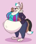 2018 anthro belly big_belly big_breasts black_body black_fur blue_highlights blush breasts brown_body brown_fur canid canine canis clothing female fur green_eyes hair hi_res highlights_(coloring) hyper hyper_pregnancy jackal jackaltums jacket mammal navel nipple_outline outie_navel pink_background plantigrade pregnant shirt simple_background solo sweatpants thick_thighs titsunekitsune topwear white_body white_fur white_hair 