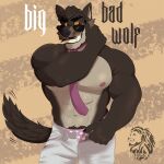  2021 abs anthro big_muscles bottomwear canid canine canis claws clothed clothing dreamworks english_text eyebrows eyewear facial_hair front_view fur hair havick_(artist) hi_res male mammal mr._wolf_(the_bad_guys) muscular muscular_anthro muscular_male mustache navel necktie nipples obliques pants pecs pubes simple_background smile solo standing sunglasses tan_background teeth text the_bad_guys topless topless_anthro topless_male tuft underwear unzipped watermark wolf 