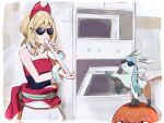  1girl bangs blonde_hair breasts collar flute glaceon hairband hamachamu highres hisuian_voltorb indoors instrument irida_(pokemon) kitchen meme music oven playing_instrument pokemon pokemon_(game) pokemon_legends:_arceus red_headwear red_shirt shirt shorts small_breasts strapless strapless_shirt sunglasses when_mama_isn&#039;t_home_(meme) white_shorts 