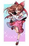  1girl armpit_hair ascot bangs blush bow brown_eyes brown_footwear brown_hair commentary_request cookie_(touhou) detached_sleeves full_body hair_bow hair_tubes hakurei_reimu highres holding holding_wand leg_up long_hair looking_at_viewer magical_girl one_eye_closed open_mouth pink_shirt pink_skirt red_bow ribbon-trimmed_sleeves ribbon_trim sananana_(cookie) sarashi shirt shoes sidelocks skirt skirt_bow skirt_set sleeveless smile socks solo toteraba touhou wand white_legwear yellow_ascot yin_yang 