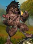 2022 absurd_res armor beckoning black_hair brown_body brown_fur claws collar digitigrade fangs finger_claws fur gesture gnoll green_eyes hair hi_res hogger hyaenid looking_at_viewer mammal mohawk nipple_piercing nipples open_mouth patto pauldron piercing pubes spiked_collar spikes tan_body tan_fur toe_claws 