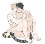  2boys animal_ears bertolt_hoover black_eyes black_hair blonde_hair blush completely_nude couple cute_potato_(cute_potato_ner) french_kiss highres implied_anal implied_sex kiss male_focus multiple_boys nude reiner_braun shingeki_no_kyojin short_hair tail tails_touching tiger_boy tiger_ears tiger_tail toned toned_male yaoi 