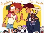  4boys 6+girls amity_blight amphibia animal_collar animal_on_head anne_boonchuy bird blonde_hair brown_hair chibi cloak collar company_connection crossover denim denim_shorts disney edalyn_clawthorne glasses grey_hair hat high_five highres hopediah_plantar horns hunter_(the_owl_house) king_clawthorne legwear_under_shorts luz_noceda marcy_wu multiple_boys multiple_girls on_head owl owlbert_(the_owl_house) polly_plantar sasha_waybright shorts sprig_plantar the_owl_house yumi5469 