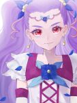  1girl absurdres ap_(pixiv74197750) blue_bow bow closed_mouth collarbone earrings hair_bow highres jewelry long_hair looking_at_viewer milky_rose petals precure purple_hair red_eyes shirt smile solo twintails upper_body very_long_hair white_shirt yes!_precure_5 yes!_precure_5_gogo! 