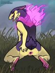  2022 ambiguous_gender anthro anus biped black_body black_fur butt colored_fire digital_media_(artwork) digitigrade fire fur grass hisuian_typhlosion looking_at_viewer looking_back looking_back_at_viewer melthecannibal nintendo open_mouth outside plant pok&eacute;mon pok&eacute;mon_(species) purple_fire red_eyes regional_form_(pok&eacute;mon) solo spread_butt spreading tongue tongue_out video_games yellow_body yellow_fur 