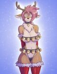  2022 anthro antlers armwear bell bell_collar bell_earrings black_nose blush breasts brown_body brown_fur brown_hair camel_toe capreoline cervid cleavage clothed clothing collar conditional_dnp dazzler_(kadath) ear_piercing female fur fur_trim_(clothing) hair hands_behind_back hi_res horn jingle_bell kadath legwear looking_at_viewer mammal multicolored_body multicolored_fur navel panties piercing pinup pose reindeer ruff skimpy smile solo standing thigh_highs two_tone_body two_tone_fur under_boob underwear white_body white_fur 