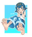  1girl barefoot blue_background blue_eyes blue_hair blue_pants blue_sailor_collar blush border bright_pupils closed_mouth commentary_request freckles hairband hands_up lana_(pokemon) looking_at_viewer no_sclera one-piece_swimsuit outline pants pokemon pokemon_(anime) pokemon_sm_(anime) raised_eyebrows sailor_collar shirt short_hair sleeveless sleeveless_shirt soles solo swimsuit swimsuit_under_clothes toes tsukimaru_(ls_99ml) wave_print wavy_mouth white_border white_pupils white_shirt yellow_hairband 