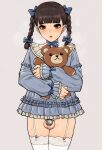  1boy bangs black_hair blunt_bangs blush braid brown_eyes chastity_belt choker crossdressing garter_straps highres looking_at_viewer male_focus original otoko_no_ko parted_lips precum sleeves_past_wrists solo stuffed_animal stuffed_toy sweat teddy_bear testicles thighhighs twin_braids wataya_2 white_legwear 