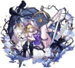  1girl ankle_cuffs ark_order babydoll bare_legs bare_shoulders barefoot bed_sheet bird black_bow blonde_hair blue_eyes blue_headwear bow breasts crow crown crystal flower full_body garter_straps hair_bow hatoyama_itsuru ice large_breasts leg_garter looking_at_viewer lying official_art on_back open_mouth pillow purple_babydoll rose sleeping_beauty sleeping_beauty_(ark_order) sleeping_beauty_(character) solo spindle spinning_thread spinning_wheel tachi-e thorns transparent_background white_flower white_rose wrist_cuffs 