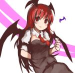  1860_(ichi) 1girl adapted_costume arm_behind_back bangs bat bat_wings black_skirt black_vest blush breasts bright_pupils detached_collar eyebrows_visible_through_hair hand_up head_wings koakuma light_smile long_hair looking_to_the_side medium_breasts necktie parted_lips puffy_short_sleeves puffy_sleeves red_eyes red_hair red_necktie red_pupils short_sleeves simple_background skirt solo touhou upper_body very_long_hair vest white_background wing_collar wings 