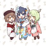  3girls :d antlers apron basket beret bird blue_eyes blue_hair blue_kimono boots braid branch brown_eyes brown_hair ceres_fauna feathers floral_print flower geta green_hair hair_flower hair_ornament hand_fan hat hololive hololive_english japanese_clothes kimono looking_at_viewer maid_apron multiple_girls nanashi_mumei obi official_alternate_costume ouro_kronii owl patterned_background patterned_clothing pink_kimono print_kimono red_shawl ribbon roro860512 sash smile snake tabi virtual_youtuber white_kimono yellow_eyes 