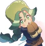  1girl bangs blue_pupils blush_stickers brown_bag brown_mittens commentary_request eyelashes floating_hair fur_hat green_eyes green_hair green_headwear hair_between_eyes hands_up hat jacket long_hair long_sleeves looking_at_viewer momoji_(lobolobo2010) open_mouth own_hands_together pokemon pokemon_(game) pokemon_legends:_arceus sabi_(pokemon) solo teeth tongue twintails twitter_username upper_teeth white_background 