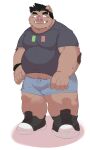  2022 anthro blush bottomwear brown_body bulge clothing hi_res humanoid_hands kemono male mammal overweight overweight_male shirt shorts solo suid suina sus_(pig) topwear whitebeast20 wild_boar 