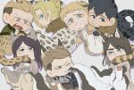  2girls 5boys animal_ears animal_feet animal_hands annie_leonhardt bertolt_hoover blonde_hair blush cheek_bulge cheek_press chibi dog_boy dog_ears dog_tail eren_yeager fox_boy fox_ears fox_tail highres jaguar_boy jaguar_ears jaguar_girl jaguar_tail jean_kirchstein kemonomimi_mode licking_tail long_hair lying lying_on_person marley_military_uniform multiple_boys multiple_girls older on_back pieck_finger porco_galliard reiner_braun shingeki_no_kyojin short_hair sweatdrop tail tail_on_face tiger_boy tiger_ears tiger_tail undercut zunkome 