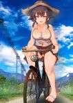  1girl alternate_costume aquaegg artist_name bicycle black_hair blue_sky braid breasts brown_eyes cloud dirt_road feet girls_und_panzer grass ground_vehicle hat highres large_breasts looking_at_viewer midriff_peek partially_visible_vulva pepperoni_(girls_und_panzer) riding_bicycle road sandals side_braid sky smile solo straw_hat twitter_username utility_pole 