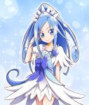  1girl bare_legs blue_background blue_dress blue_eyes blue_hair blue_hairband blue_heart bracelet choker collarbone cowboy_shot cure_diamond dokidoki!_precure dress eyebrows eyelash_ornament forehead hairband heart highres hishikawa_rikka jewelry long_hair looking_at_viewer magical_girl precure puffy_short_sleeves puffy_sleeves short_sleeves smile solo sparkle_background usoco very_long_hair yellow_choker 