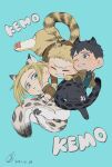  1girl 2boys animal_ears animal_feet animal_hands annie_leonhardt bertolt_hoover black_fur black_hair blonde_hair blush chibi full_body highres jacket jaguar_boy jaguar_ears jaguar_girl jaguar_tail kemonomimi_mode leather leather_jacket multiple_boys paradis_military_uniform reiner_braun shingeki_no_kyojin short_hair sidelocks smile tail tiger_boy tiger_ears tiger_tail yellow_fur zunkome 