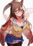  1girl :i absurdres animal_ears black_legwear blue_eyes blue_scrunchie blue_skirt breasts brown_hair cape cleavage collarbone domino_mask ear_scrunchie el_condor_pasa_(umamusume) eye_mask hand_on_hip highres horse_ears horse_girl large_breasts long_hair looking_at_viewer luchador mask pink_cape ponytail red_cape red_mask sansai_soba scrunchie shirt skirt solo thighhighs umamusume yellow_shirt zettai_ryouiki 